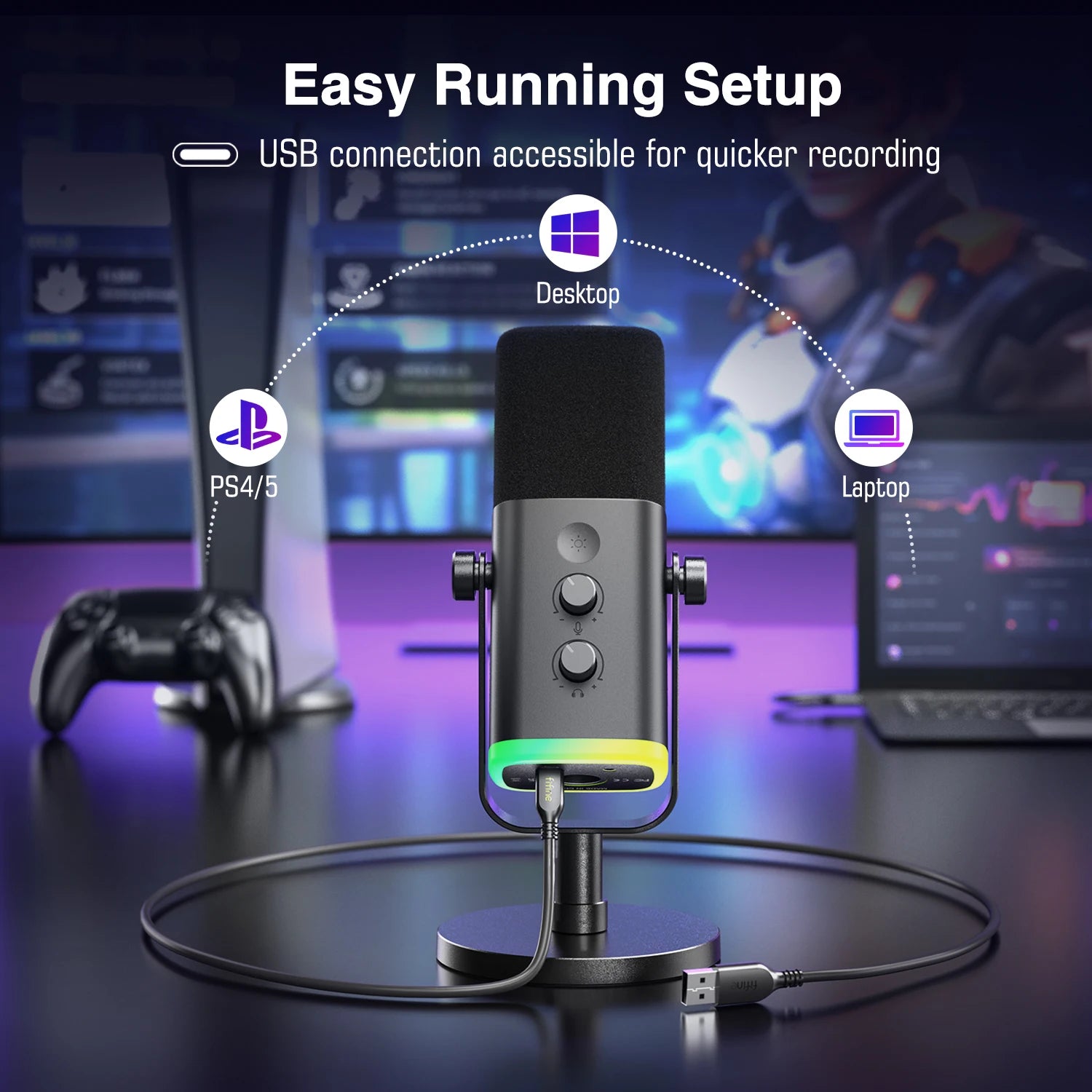 FIFINE USB/XLR Dynamic Microphone with RGB Control for Gaming