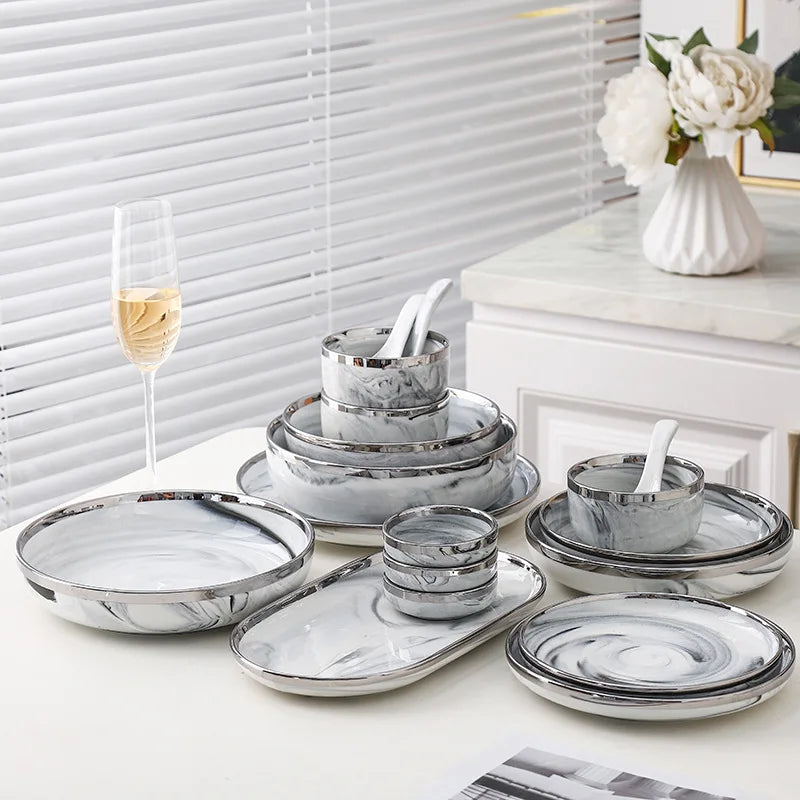 Nordic Style Silver Inlay Ceramic Dinnerware Set For Hotels