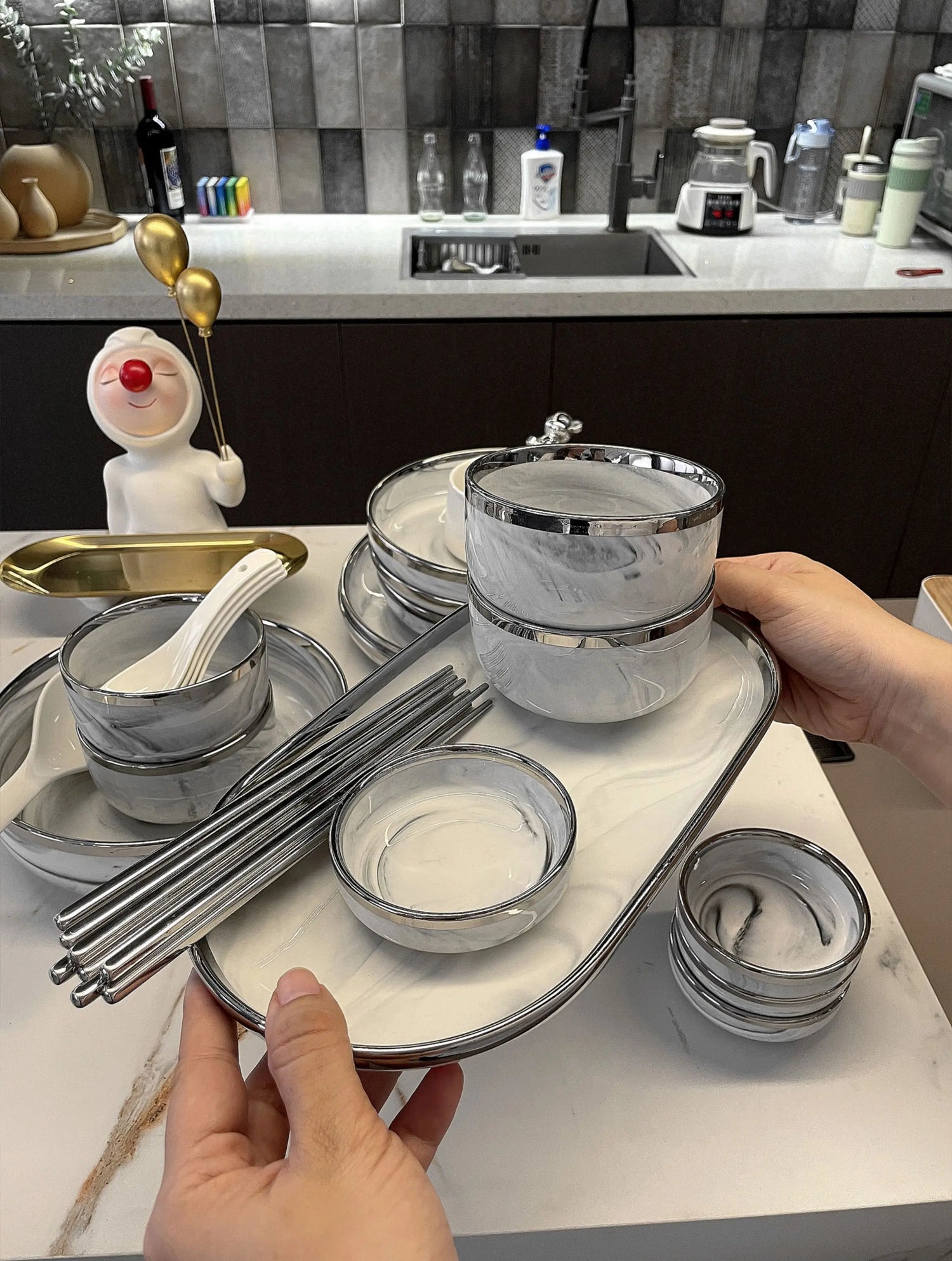 Marble Patterned Light Luxury Silver Edged Tableware Set