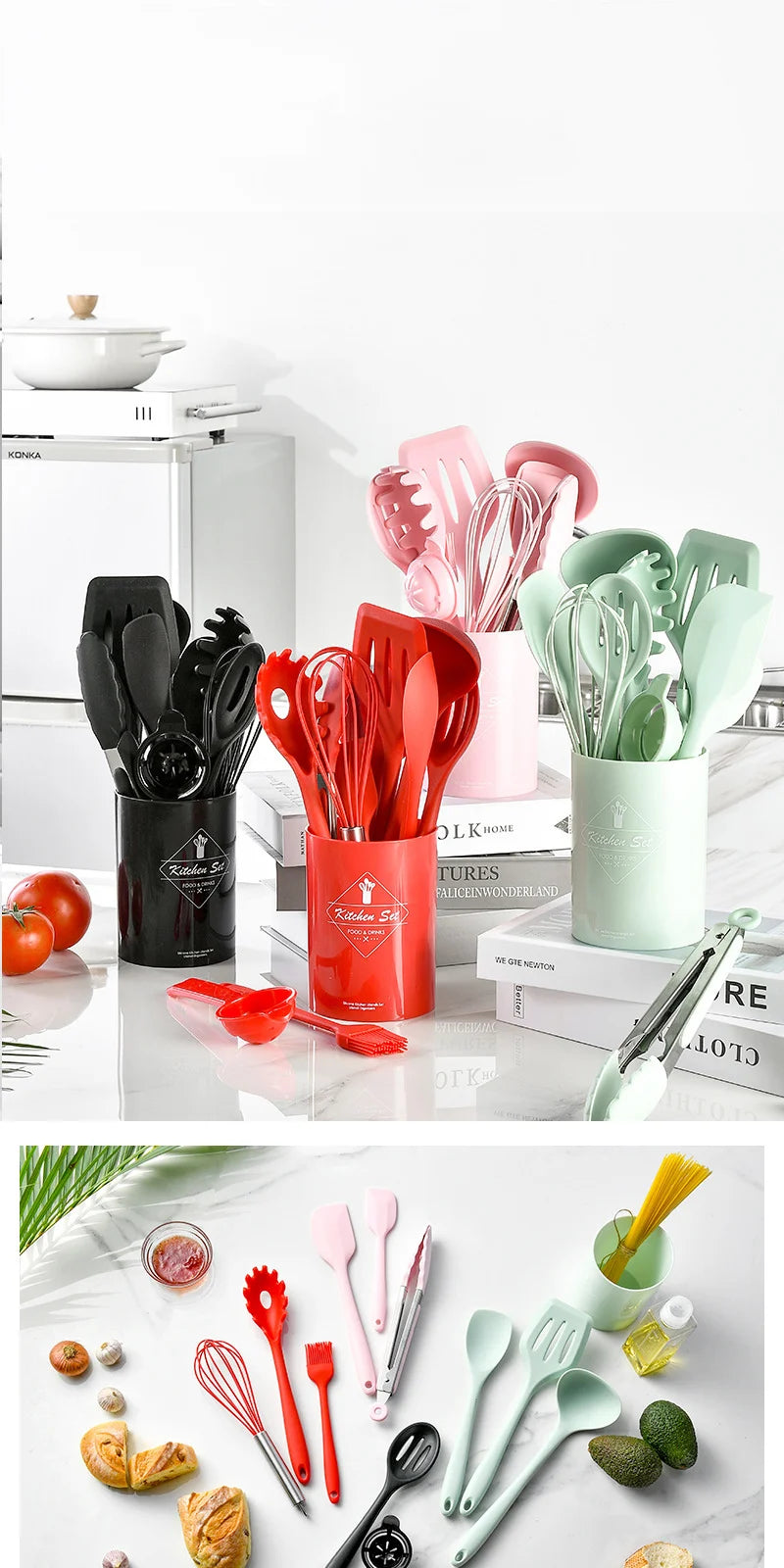Green Heat Resistant Silicone Utensil Set for Non-Stick Cooking