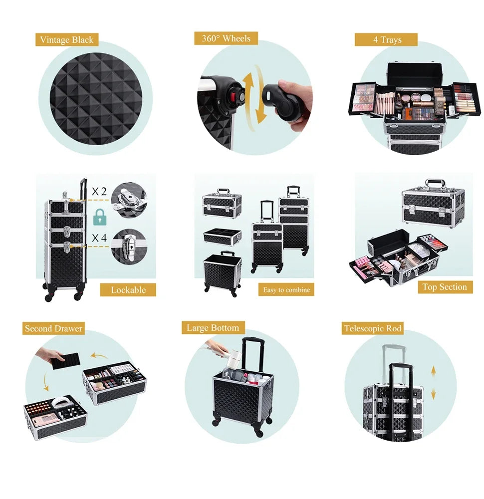 Rolling Makeup Case 3 In 1 Large Capacity Trolley