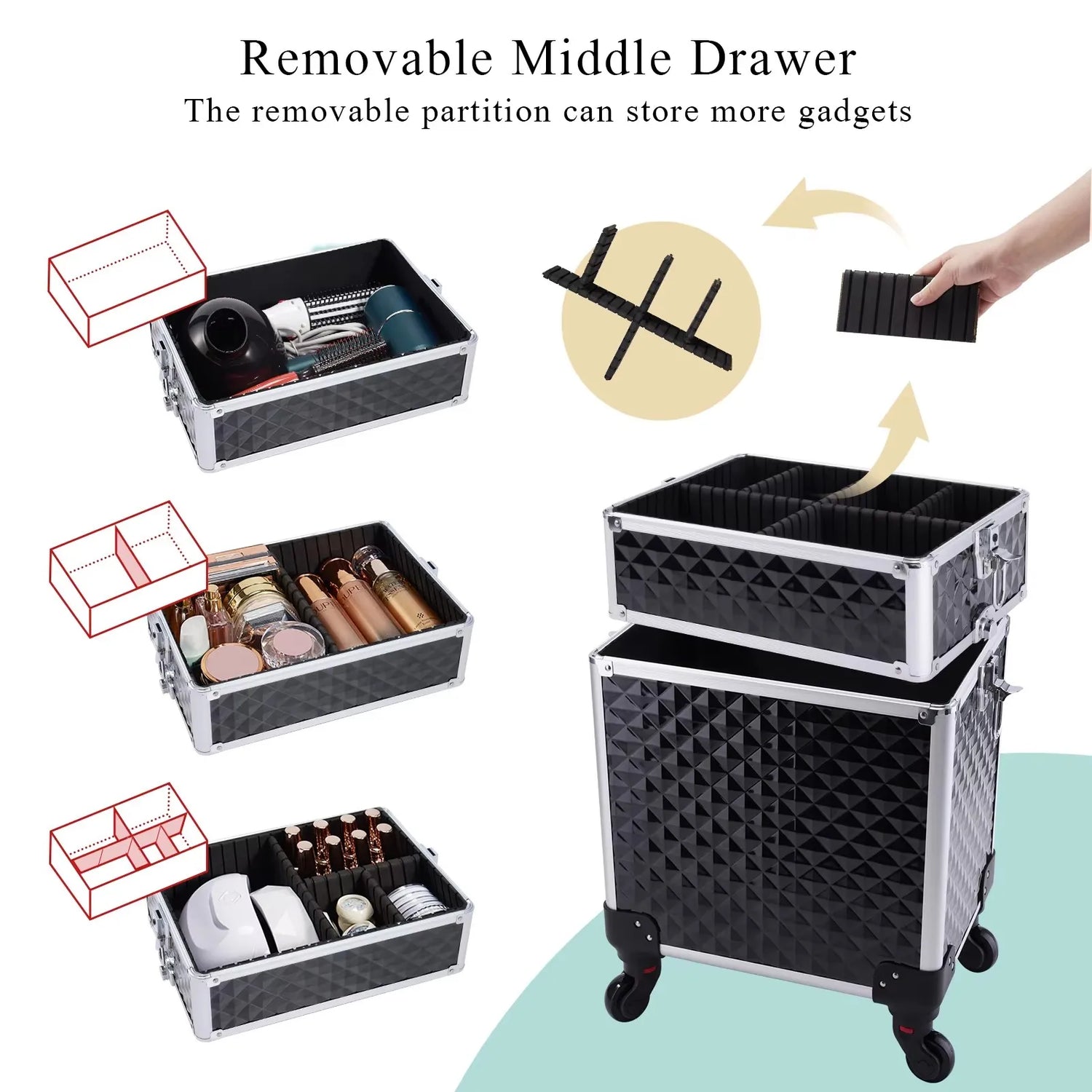 Rolling Makeup Case 3 In 1 Large Capacity Trolley