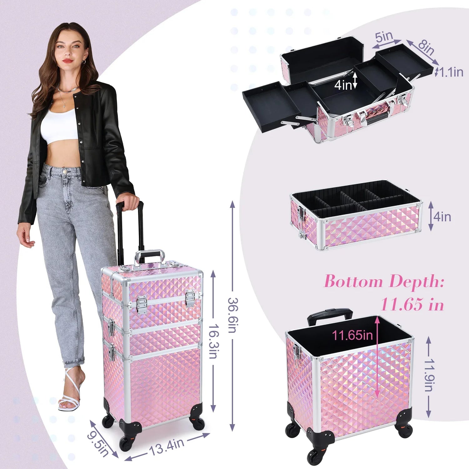 Rolling Makeup Case 3 In 1 Large Capacity Trolley