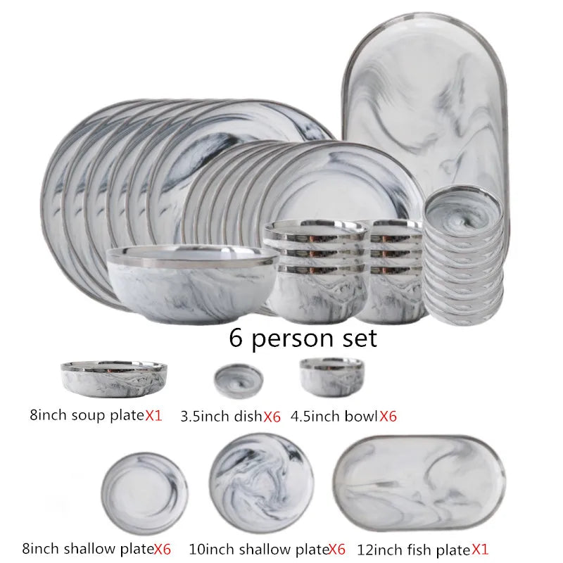 Nordic Style Silver Inlay Ceramic Dinnerware Set For Hotels