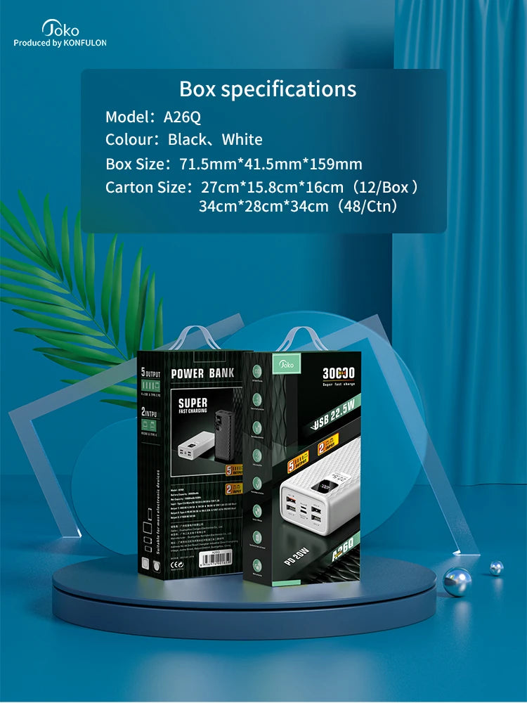 Power Bank 30000mAh With 20W PD Quick Charging Portability