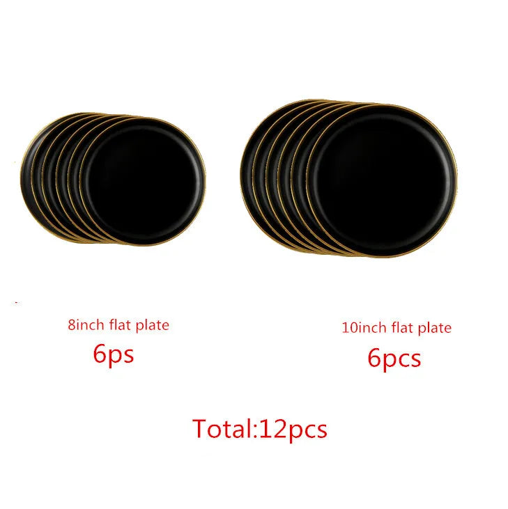 Gilt Rim Black Porcelain Dinner Plates Set for Elegant Dining