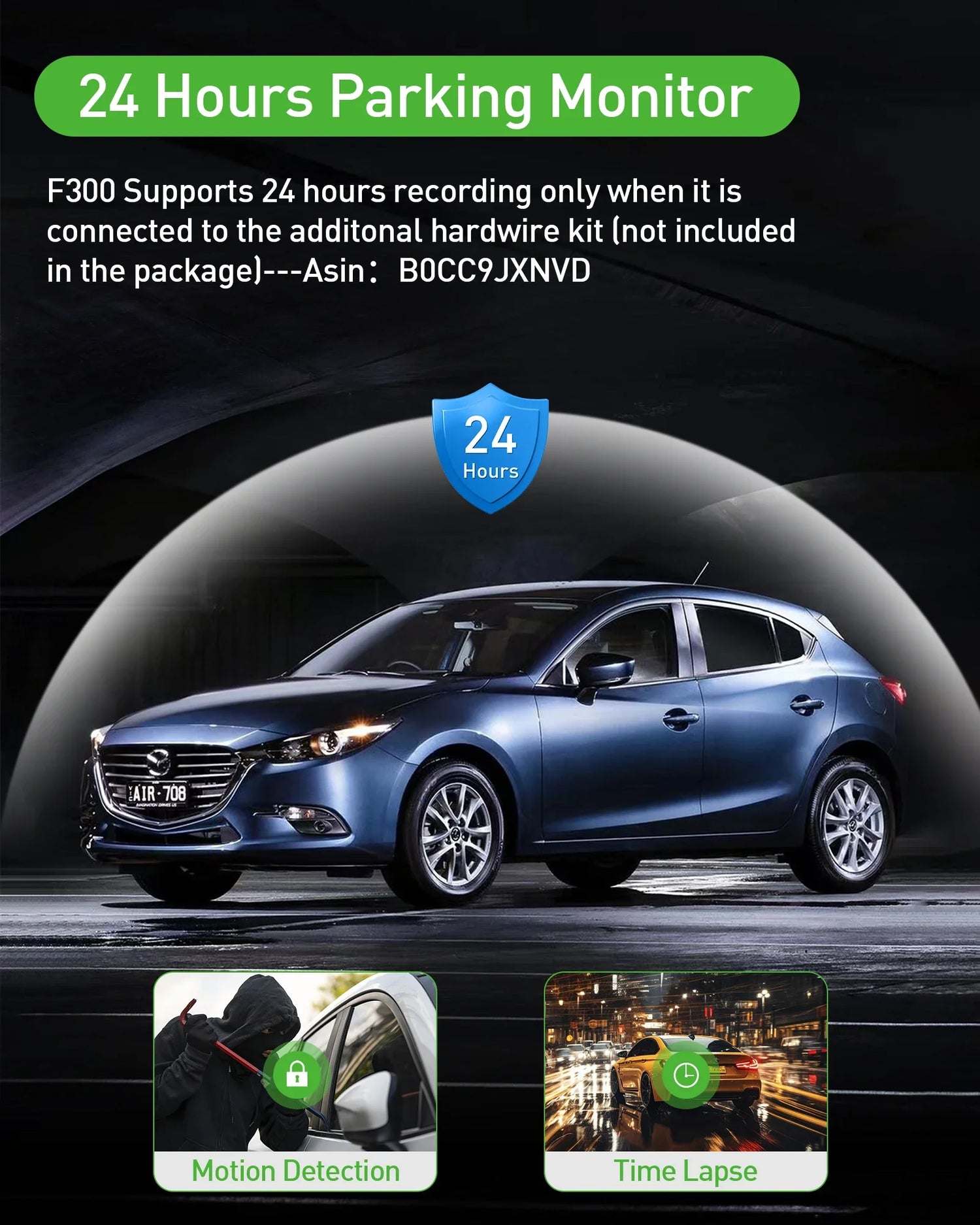 3 Channel Dash Cam Video Recorder with 24H Parking Monitor