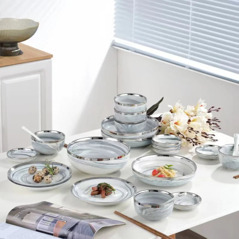 Nordic Style Silver Inlay Ceramic Dinnerware Set For Hotels