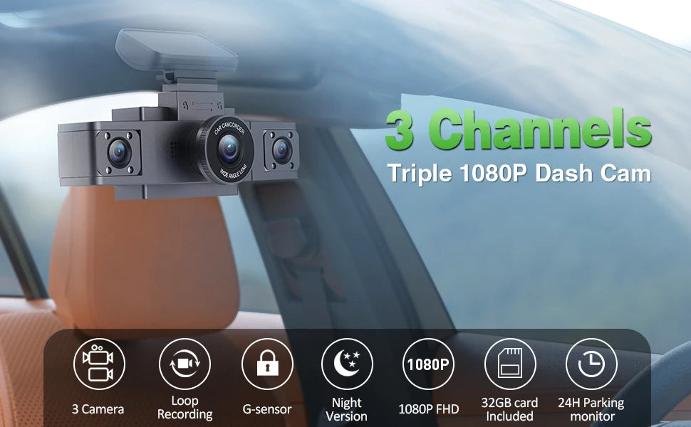 3 Channel Dash Cam Video Recorder with 24H Parking Monitor