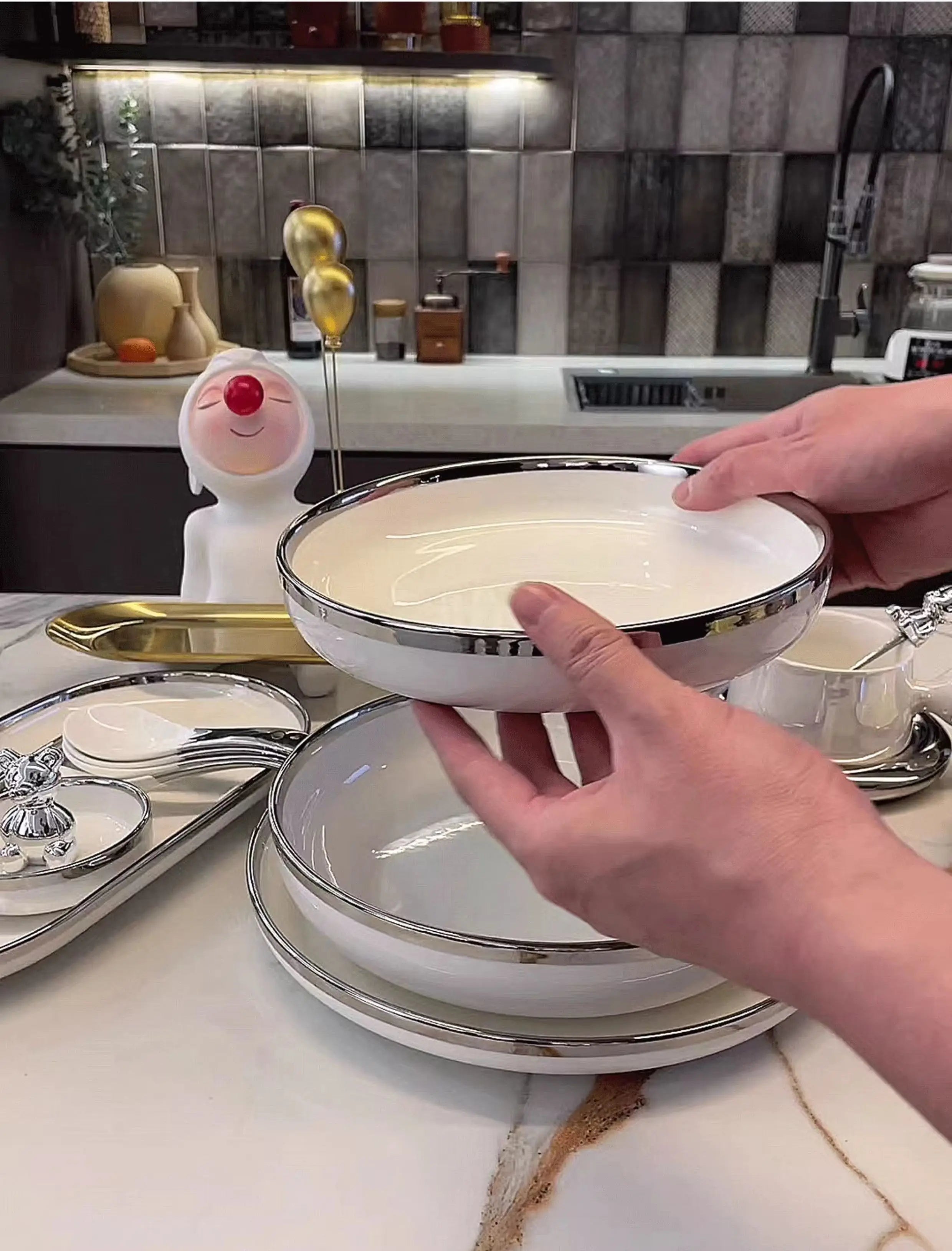 Marble Patterned Light Luxury Silver Edged Tableware Set