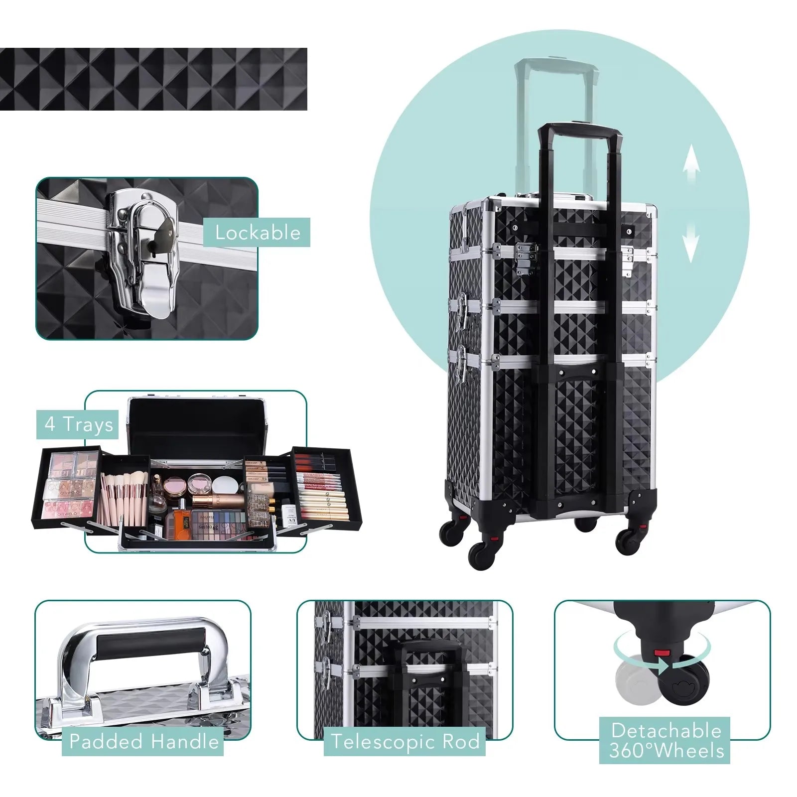 Rolling Makeup Case 3 In 1 Large Capacity Trolley