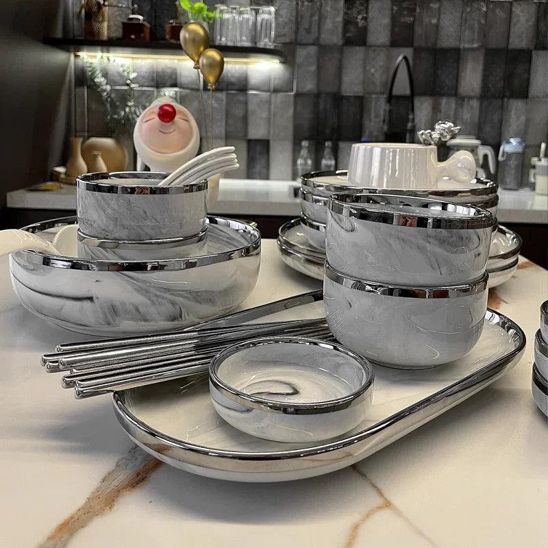 Marble Patterned Light Luxury Silver Edged Tableware Set