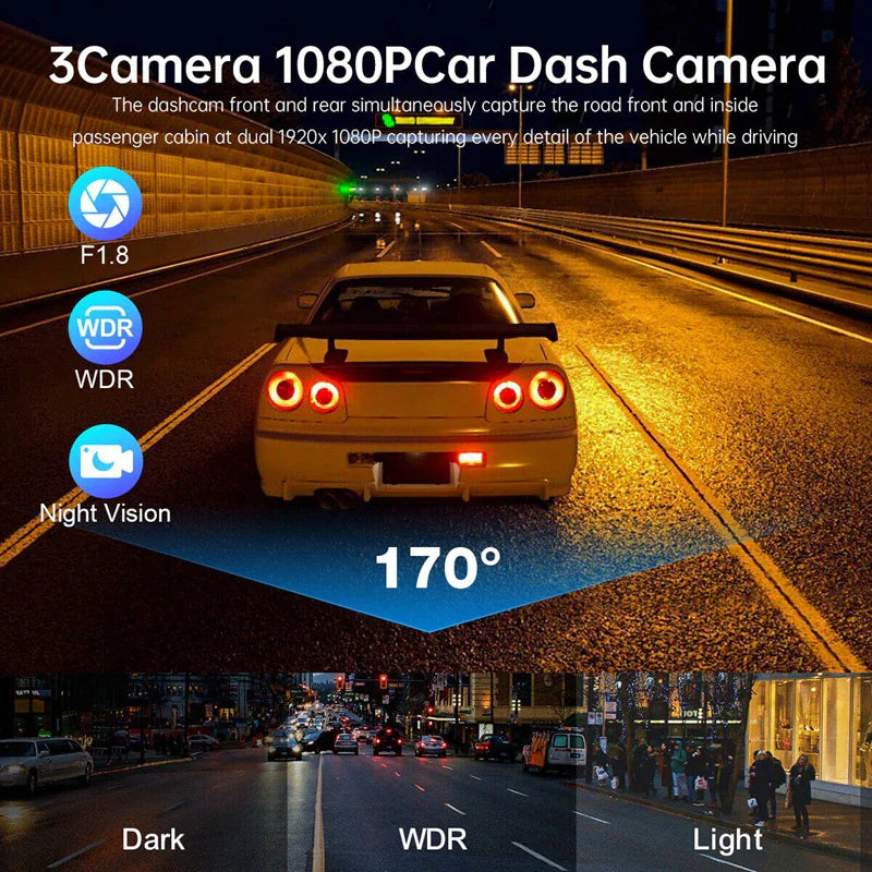 Car Dual Lens Dash Cam HD 1080P Front Rear Inside G-Sensor