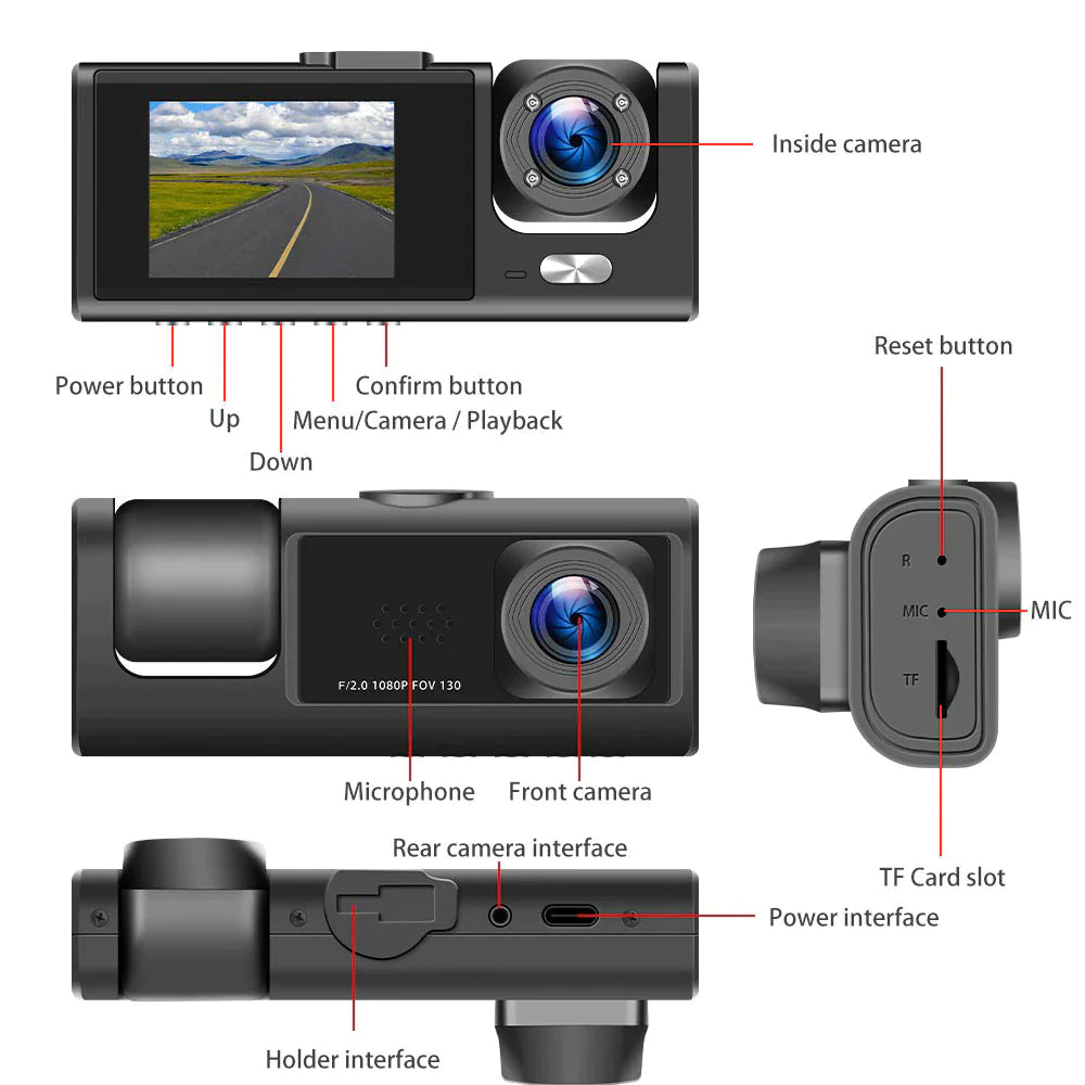Car Dual Lens Dash Cam HD 1080P Front Rear Inside G-Sensor