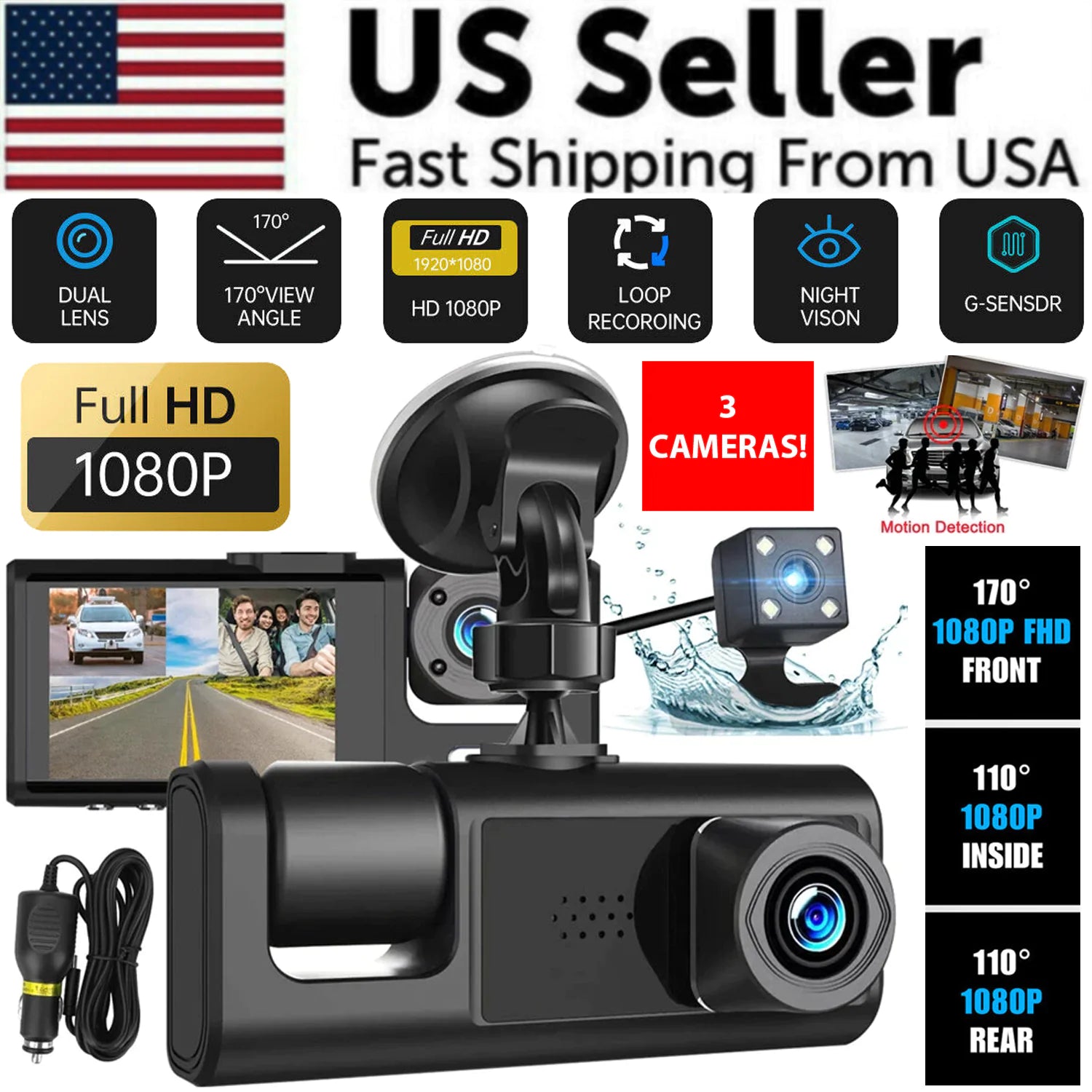 Car Dual Lens Dash Cam HD 1080P Front Rear Inside G-Sensor