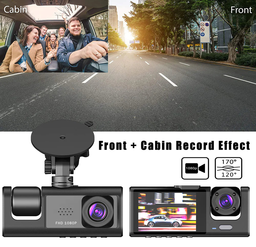 Car Dual Lens Dash Cam HD 1080P Front Rear Inside G-Sensor
