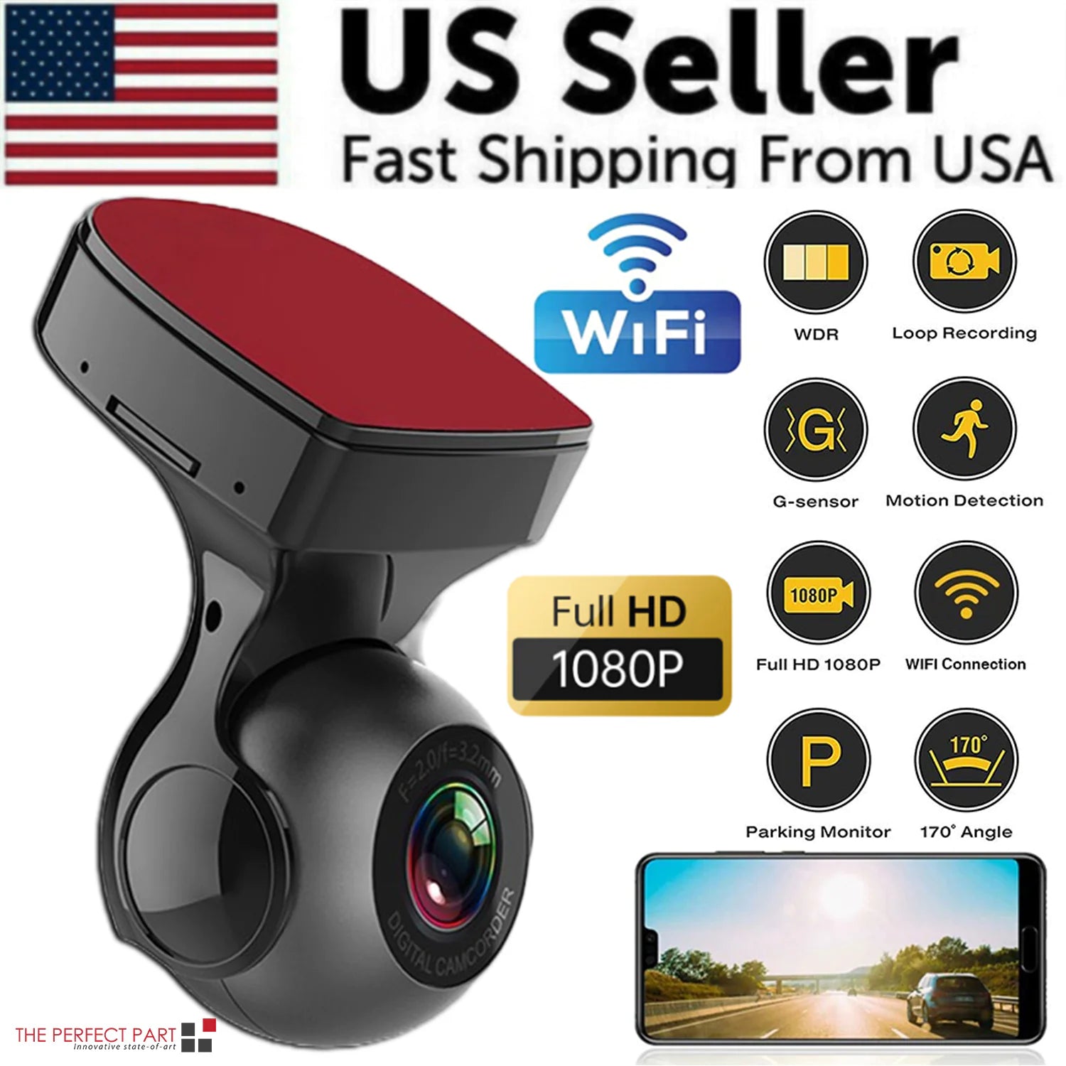 170° WiFi Dash Cam HD 1080P Vehicle G-Sensor Recorder