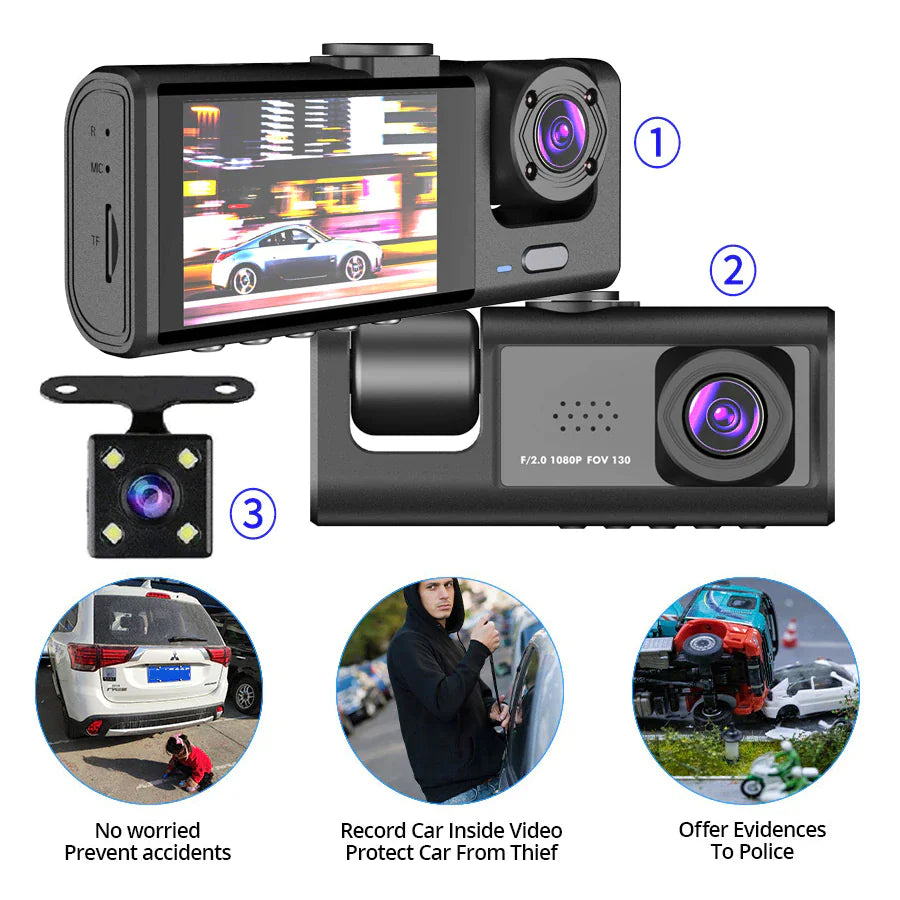 Car Dual Lens Dash Cam HD 1080P Front Rear Inside G-Sensor