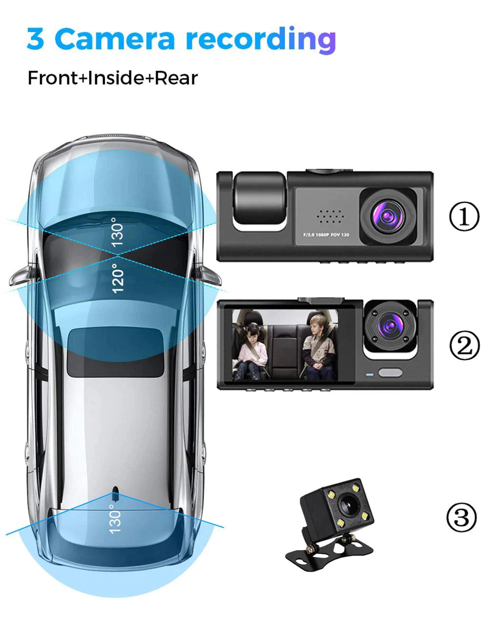 Car Dual Lens Dash Cam HD 1080P Front Rear Inside G-Sensor