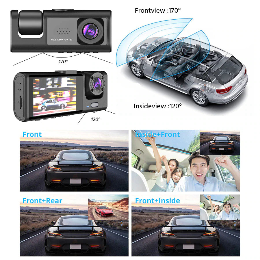 Car Dual Lens Dash Cam HD 1080P Front Rear Inside G-Sensor