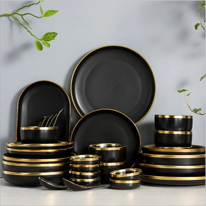 Gilt Rim Black Porcelain Dinner Plates Set for Elegant Dining