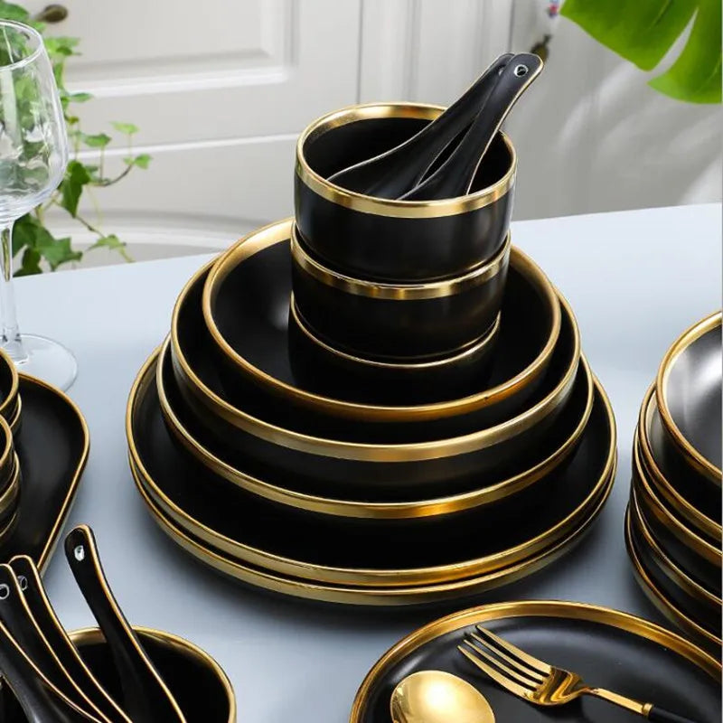 Gilt Rim Black Porcelain Dinner Plates Set for Elegant Dining