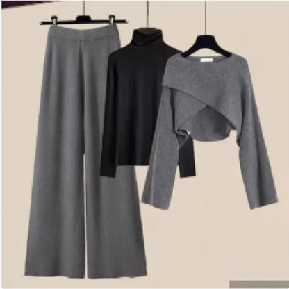 3pcs Knitted Sweater Suit With Shirt And Wide Leg Pants Autumn And Winter Suit Women