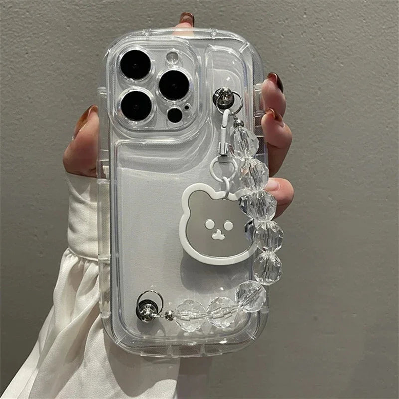 Cute Whtie Bear Pendant Rhombus Bead Bracelet Clear Soft Case For IPhone15 14 12 11 13 Pro Max XS XR Shockproof Protective Cover