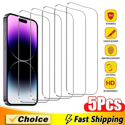 5Pcs Tempered Glass For iPhone 15 14 13 12 Pro Max