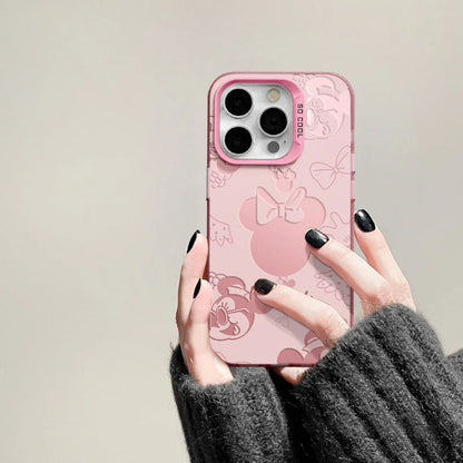 Sweet Pink Minnie Mickey Cavred Luxury Lens Circle Skin Hard Phone Case for iPhone 14 Pro Max 15 Plus 13 Pro 12 Mini 11 X XS XR