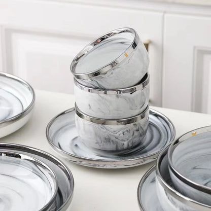 Nordic Style Silver Inlay Ceramic Dinnerware Set For Hotels