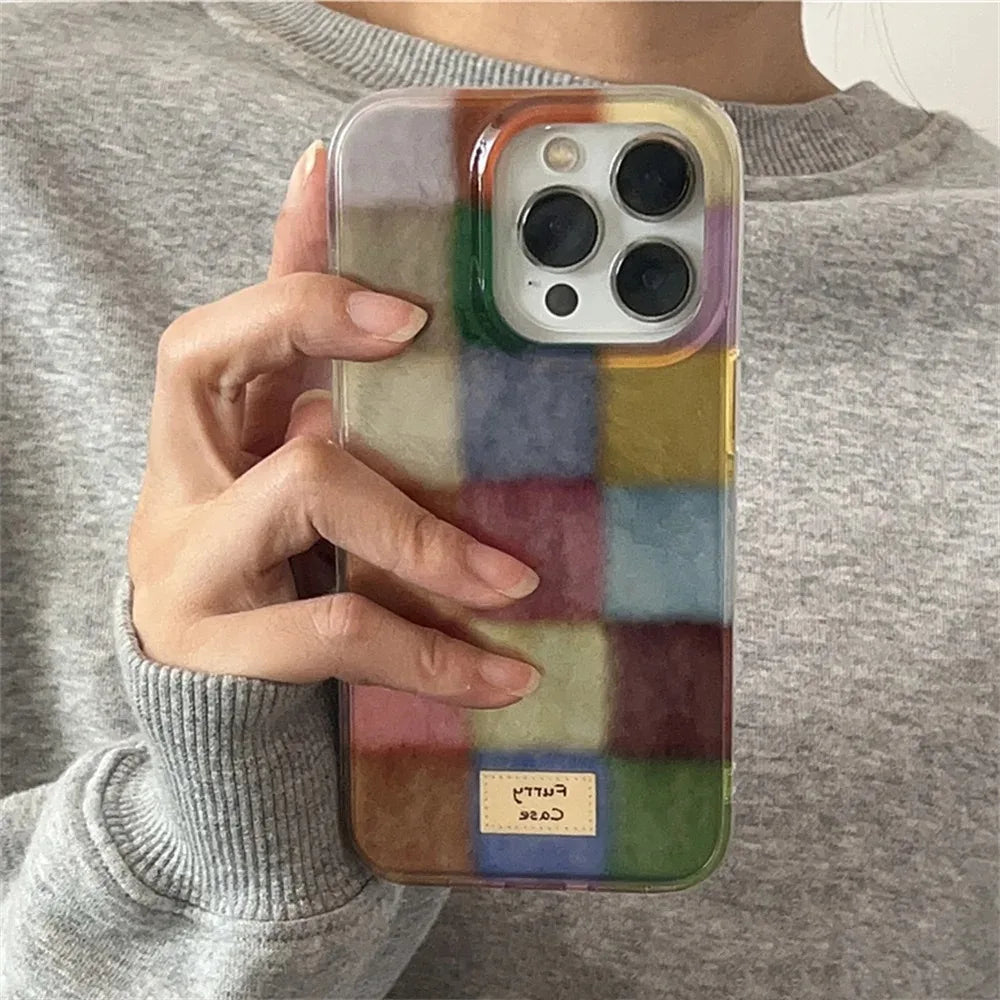 Cute Dopamine Color Block Match Plaid Clear Case for iPhone