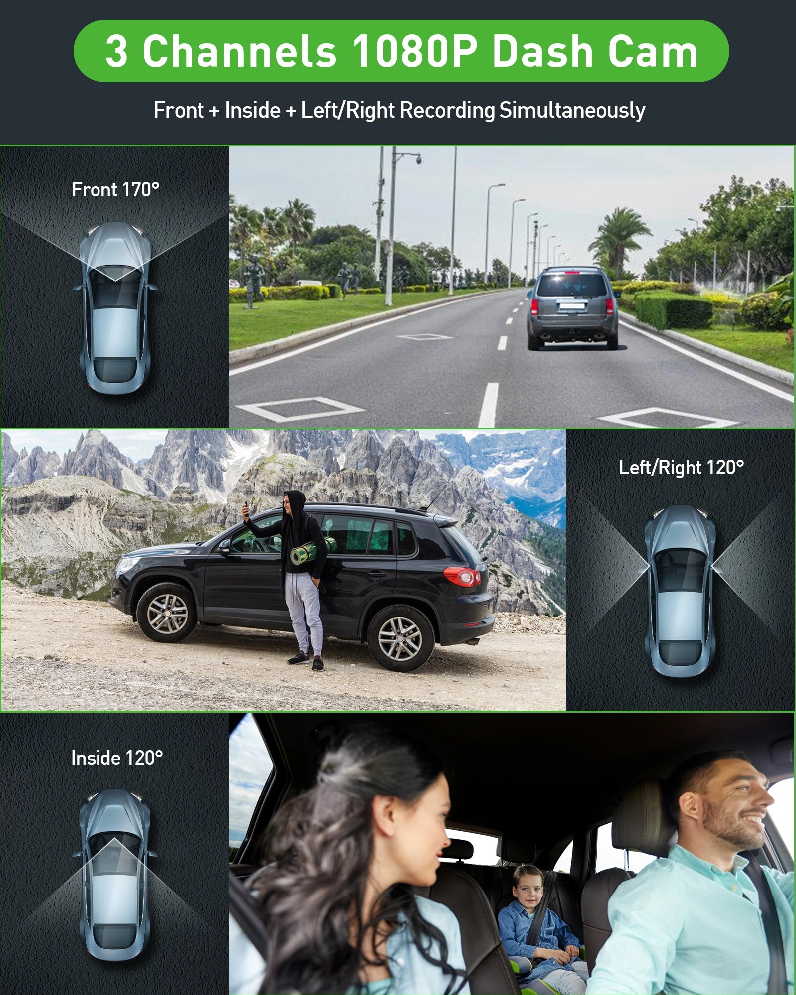 3 Channel Dash Cam Video Recorder with 24H Parking Monitor