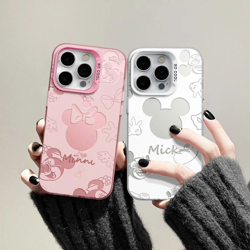 Sweet Pink Minnie Mickey Cavred Luxury Lens Circle Skin Hard Phone Case for iPhone 14 Pro Max 15 Plus 13 Pro 12 Mini 11 X XS XR