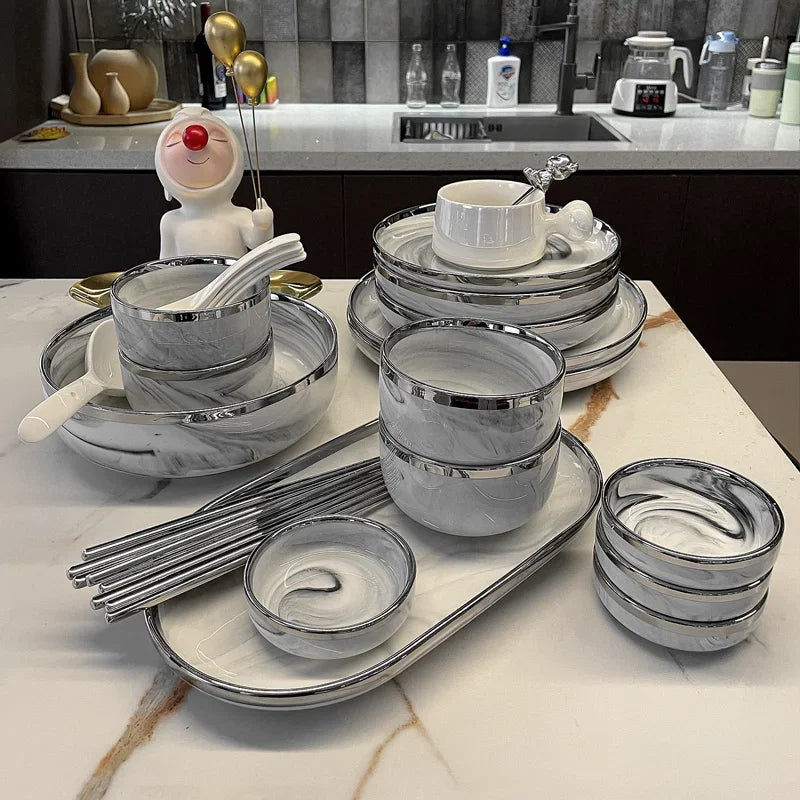 Marble Patterned Light Luxury Silver Edged Tableware Set