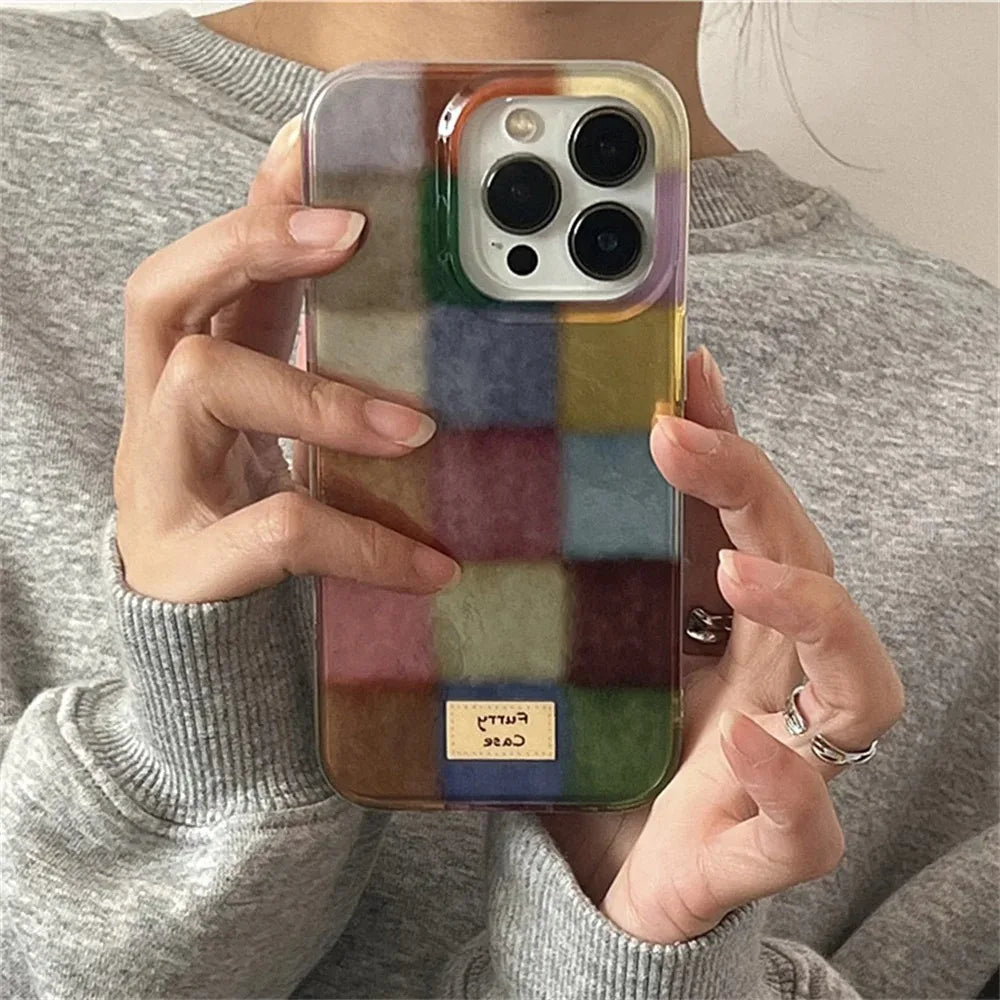 Cute Dopamine Color Block Match Plaid Clear Case for iPhone