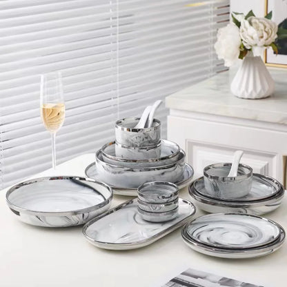Nordic Style Silver Inlay Ceramic Dinnerware Set For Hotels