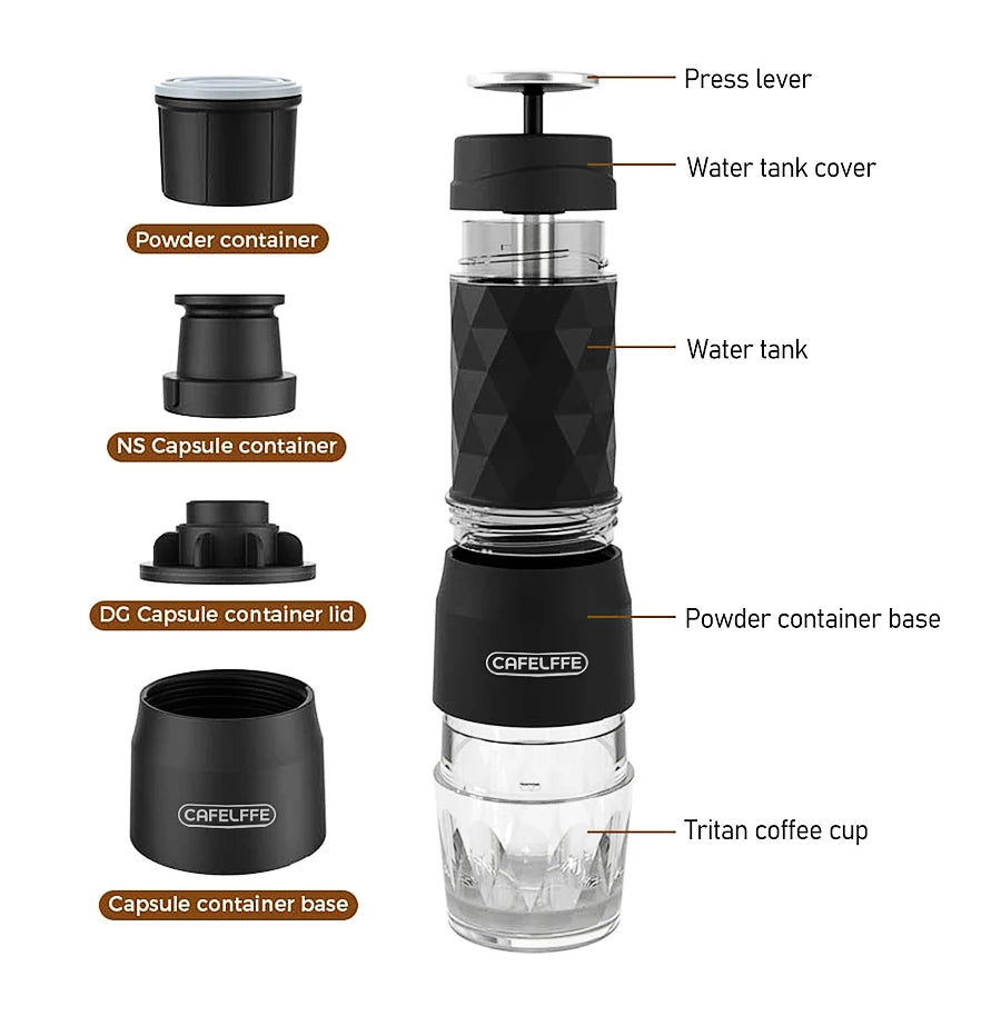 Cafelffe 3 In1 Portable Coffee Machine Hot/Cold Water Manual Espresso Maker For Capsule &amp; Ground Hand Press Brewer hiking Travel