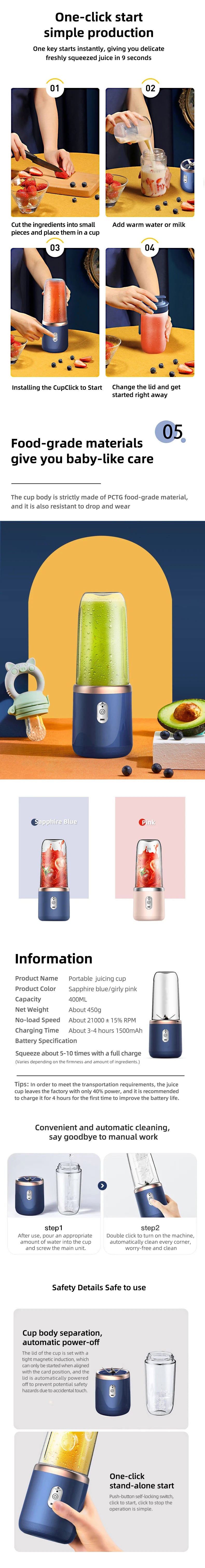 Portable Juicer Blender 400ml USB Charging Smoothie Cup