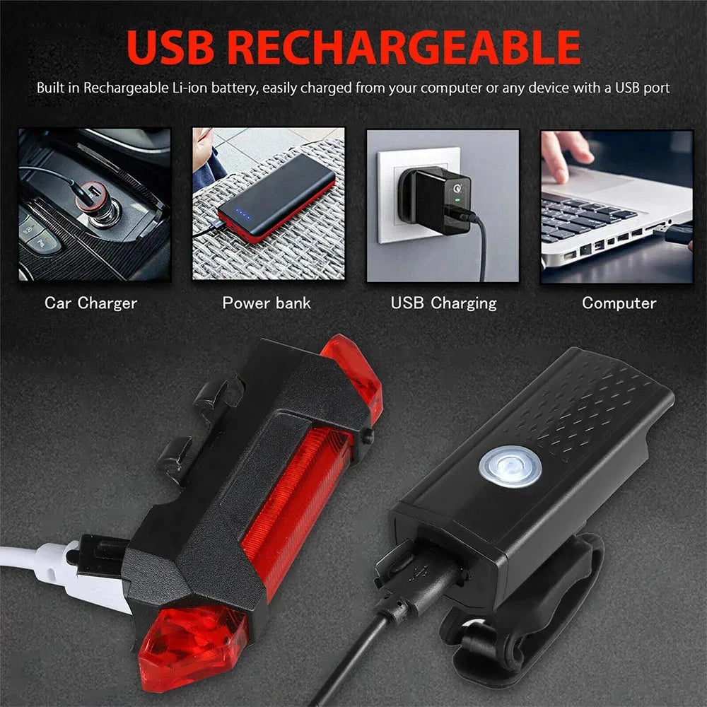 USB Rechargeable Bike Light Set Front Rear Cycling Lamps