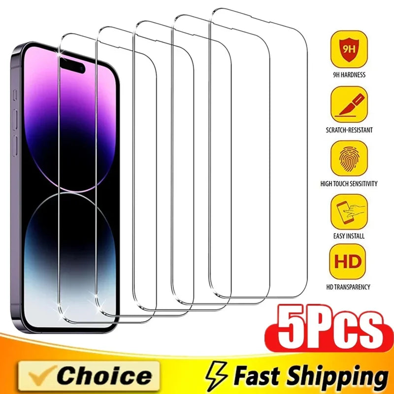 5Pcs Tempered Glass For iPhone 15 14 13 12 Pro Max
