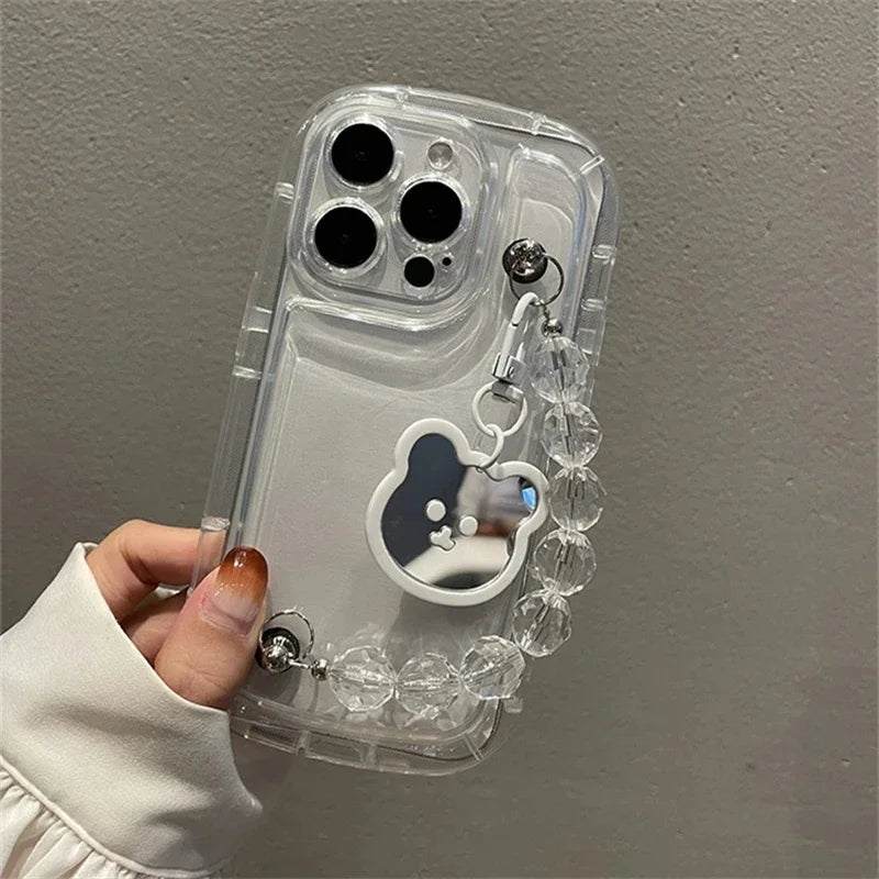 Cute Whtie Bear Pendant Rhombus Bead Bracelet Clear Soft Case For IPhone15 14 12 11 13 Pro Max XS XR Shockproof Protective Cover