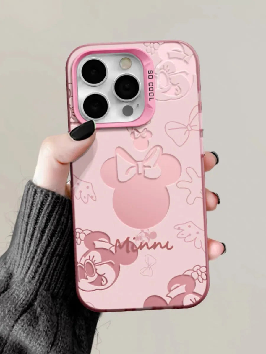 Sweet Pink Minnie Mickey Cavred Luxury Lens Circle Skin Hard Phone Case for iPhone 14 Pro Max 15 Plus 13 Pro 12 Mini 11 X XS XR