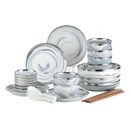Nordic Style Silver Inlay Ceramic Dinnerware Set For Hotels