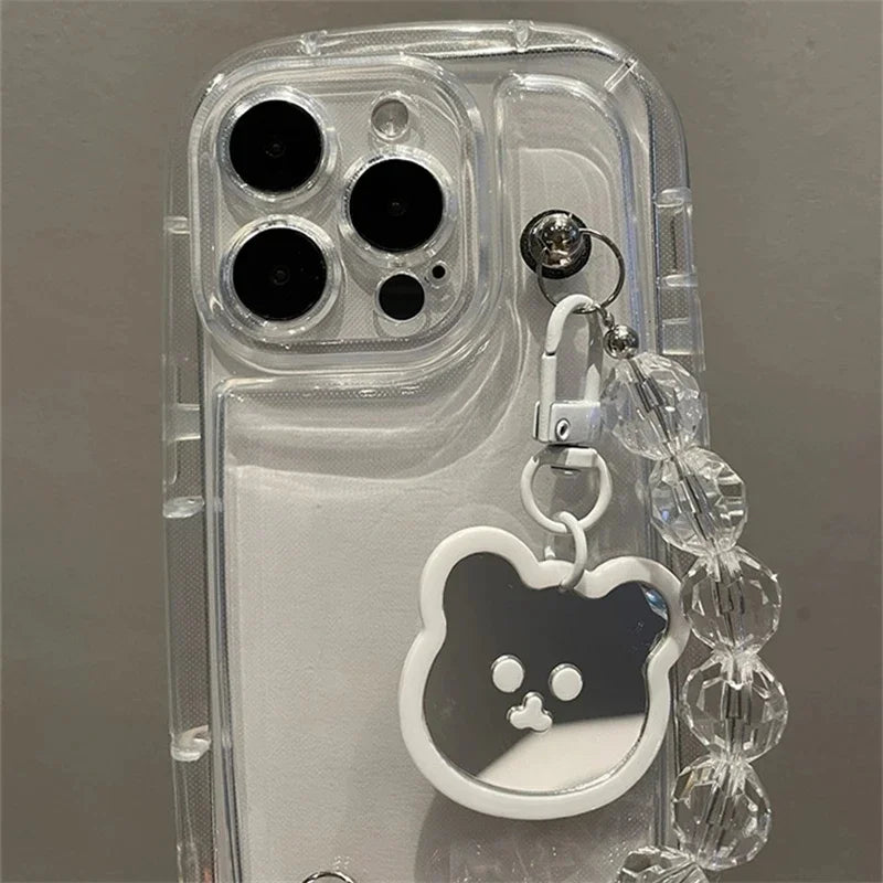 Cute Whtie Bear Pendant Rhombus Bead Bracelet Clear Soft Case For IPhone15 14 12 11 13 Pro Max XS XR Shockproof Protective Cover