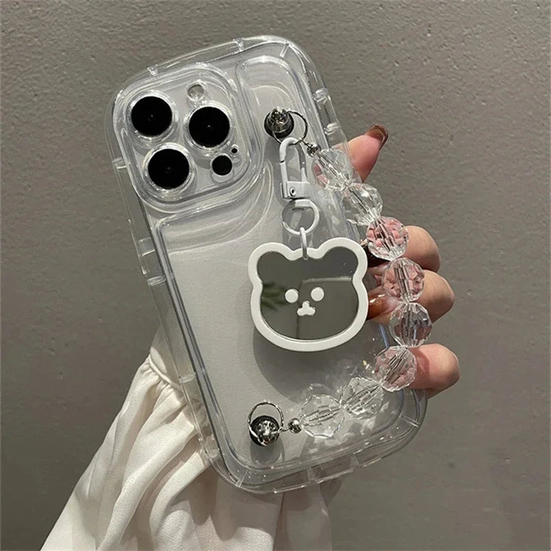 Cute Whtie Bear Pendant Rhombus Bead Bracelet Clear Soft Case For IPhone15 14 12 11 13 Pro Max XS XR Shockproof Protective Cover