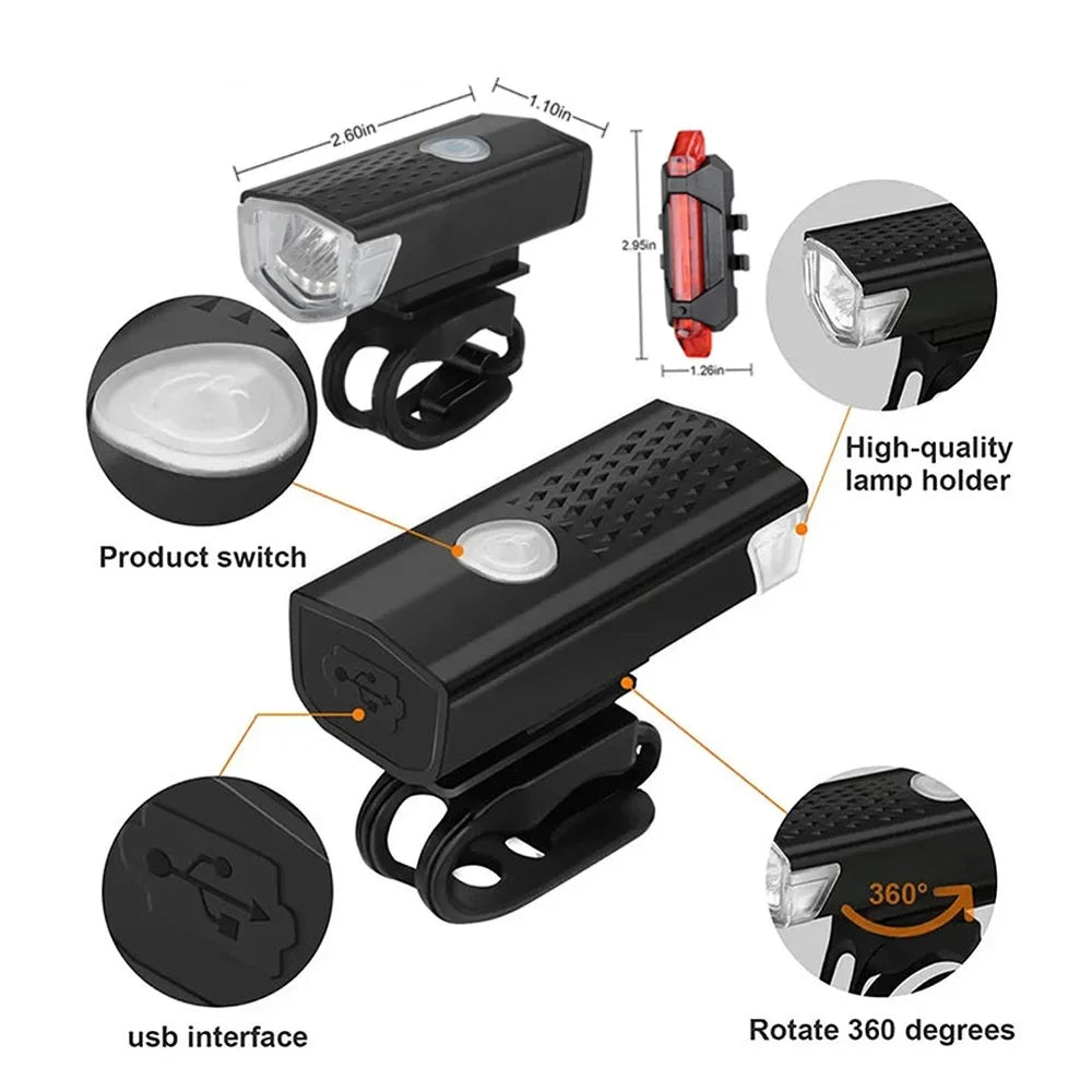 USB Rechargeable Bike Light Set Front Rear Cycling Lamps