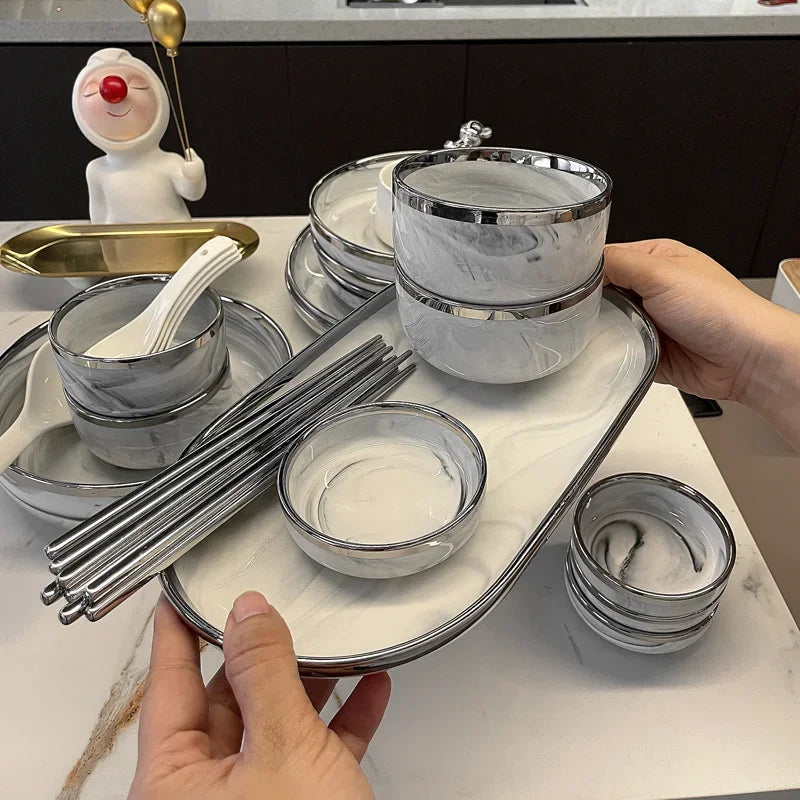 Marble Patterned Light Luxury Silver Edged Tableware Set