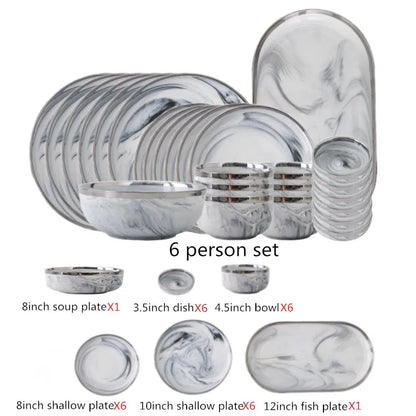 Nordic Style Silver Inlay Ceramic Dinnerware Set For Hotels