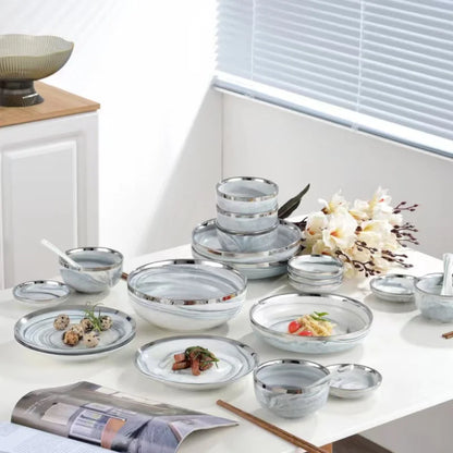 Nordic Style Silver Inlay Ceramic Dinnerware Set For Hotels